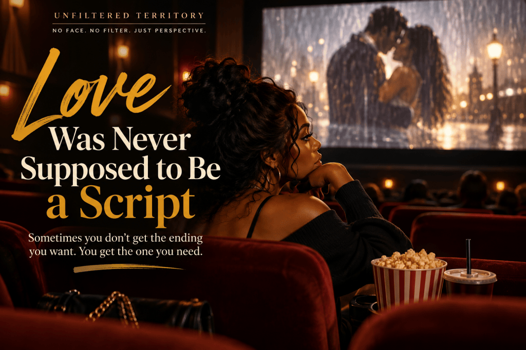 A woman sitting in a movie theater while a romantic scene plays on the screen, representing the difference between movie love and real relationships.